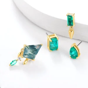 18K Solid Gold New Style Kite Shape Moss Agate Stone Push In Claw Setting Piercing Jewelry Fine Jewelry