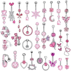 1PCS Pink Zircon Belly Ring Stainless Steel Piercing Jewelry Party Lady Body Jewelry CZ Zircon Pendant Wedding Jewelry