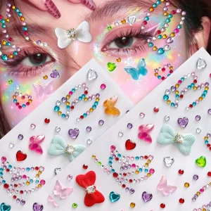 1Pc Colorful Butterfly Love Heart Face Gems Stickers Self Adhesive Rhinestone Jewels Gems Face Stickers Diamonds Decoration
