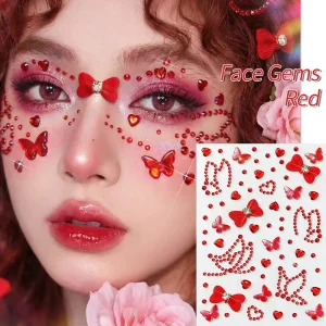 1Pc Red Butterfly Face Gems Stickers Self Adhesive Red Face Jewels Butterfly & Heart Rhinestone Face Stickers Reusable Face Gems