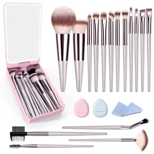 20 Piece Wood Handle Synthetic Hair Face Makeup Brush Set with Travel Case for Foundation Concealer Blush Eyeshadow & Contour
