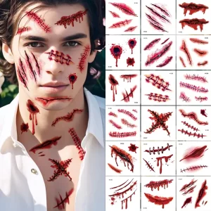 20 Sheets 3D Realistic Scar Tattoos Waterproof Paper Tattoo Stickers Temporary 1-3 Weeks Lasting for Face Body Halloween Cosplay