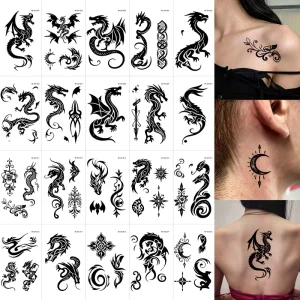 20Pcs Black Tribal Dragon Temporary Tattoo Stickers Gothic Fake Body Tattoos Waterproof Long Lasting Temporary Tattoos