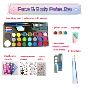 21 Colors+hair Comb Skin Harmless Promotional Body Painting with Sponge Glitters Hole Set for Kids Professional Face Paint Kit