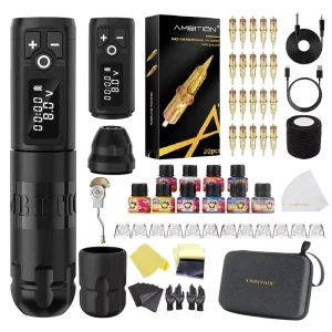 2400mAh Professional Wireless Rotary Tattoo Pen Machine Complete Full Kit Set with Tattoo Cartridge Pigment Ink