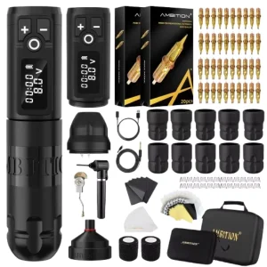 2400mAh Professional Wireless Tattoo Pen Machine Complete Full Kit with Extra Battery 40pc Cartridge Ink Mixer