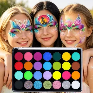 28 Color Professional Neon Glitter Face Body Paint Set Hypoallergenic Matte One Stroke Smudge Proof Heavy Metal Free