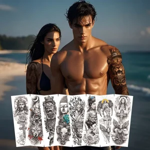 28 Sheets Realistic Large-Size Full Arm Sleeve Tribal Wolf Lion Temporary Tattoo Stickers for Men Waterproof