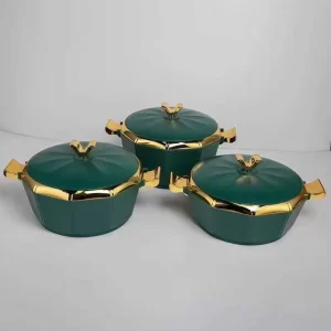 2L 2.5L 3L Modern Octagonal Thermal Serving Dish 3 Piece Set Gold Accent Handle Insulated Food Warmer Hot Pot Geometric Shape