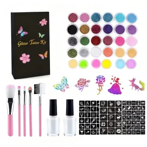 30 Colors Professional Glitter Tattoos Make up Kit Temporary Glitter Tattoos Kit for Kids