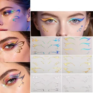 30 Pairs Holographic Temporary Eyeliner Tattoo Stickers Waterproof Makeup Laser Transfer Face Patch Eyeshadow Stickers for Women
