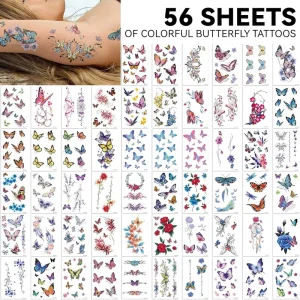 30 Sheets Temporary Tattoos 3D Flowers Butterflies and Multi Colored Mixed Style Temp Tattoo Stickers Body