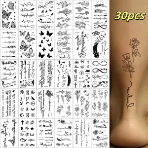 30pcs Set Temporary Tattoo Stickers for Women Black Heart Butterfly Floral Celestial Waterproof Fake Tattoo Sticker