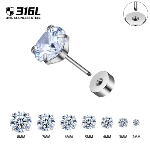 316L Stainless Steel 20G White Glass Stone Flat Back Ear Studs External Thread Earrings