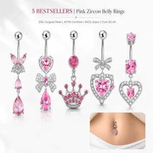 316L Stainless Steel Belly Button Ring Heart Butterfly Zircon Navel Piercing Rings Low MOQ 30pcs ASTM Belly Rings