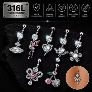 316L Stainless Steel Belly Button Rings Women CZ Dangle Navel Barbell Piercing Heart Flower Bow Fashion Body Jewelry