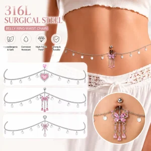 316L Stainless Steel Body Chain Belly Button Ring Pink CZ Zircon Butterfly Heart Bow Navel Piercing Body Jewelry for Women