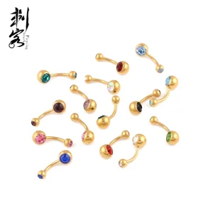 316L Stainless Steel Gold PVD Plated Double Gem Belly Button Rings