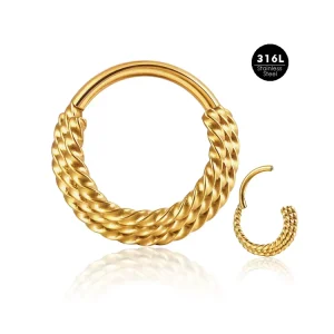 316L Stainless Steel Hinged Segment Ring | Twisted Rope Design Septum Rings Helix Daith Hoop Earrings | Hypoallergenic Piercings
