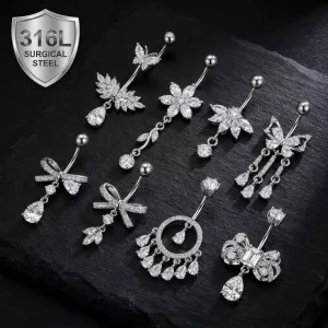 316L Surgical Stainless Steel Butterfly Bow Flower CZ Zircon Dangle 14G Belly Button Ring Navel Piercing Jewelry