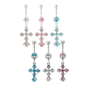 316L Surgical Steel Aqua Rhinestone Piercing Jewelry Dangle Cross Navel Rings