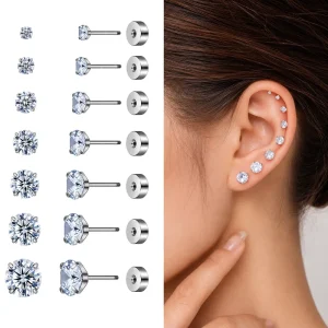 316L Surgical Steel Externally Threaded Glass Stone Flat Back Stud Earrings Cartilage Tragus Helix Piercing Jewelry
