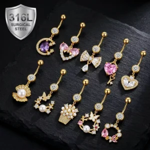 316L Surgical Steel Moon Heart Bow Pearl Butterfly CZ Zircon Dangle 14G Belly Button Ring Navel Piercing Jewelry