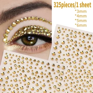 325Pcs Sheet Gold Face Gems Sticker 3 4 5 6mm Rhinestones Face Stickers Festival Makeup Diamond Sticker For Eye Face Nail Art