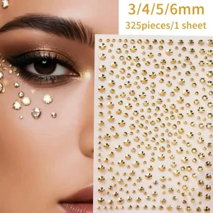 325pcs Sheet Gold 10*16cm Face Stickers 3/4/5/6mm Self Adhesive Rhinestone Face Stickers Festival Glitters Face Diamond Stickers