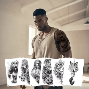 3D Halloween Maori Full Arm Temporary Tattoo Sticker Skeleton and Skulls for Body Application