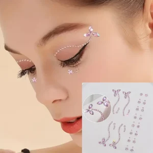 3D Pink Crystal Diamond Face Stickers Adhesive Eye Gems Sticker DIY Rose Five-pointed Star Rhinestones Makeup Face Decoration
