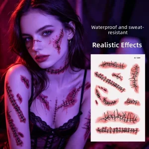 3D Realistic Scar Temporary Tattoo Stickers, Waterproof Sweatproof For Halloween Party SFX Makeup