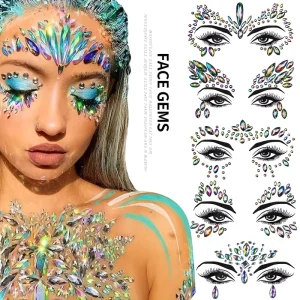 3D Rhinestone Bright Face Stickers for Festival Glitter Makeup Jewelry Sticker on Face Crystals Gems Jewels Diamonds Decoration