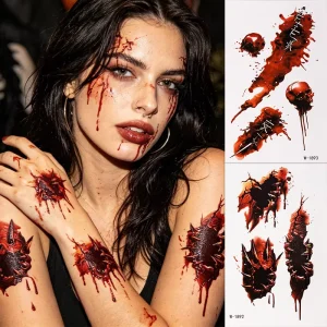 3D Stitched Scar Temporary Tattoo Sticker Vampire Claw Wound Waterproof Fake Tattoo for Halloween Decoration