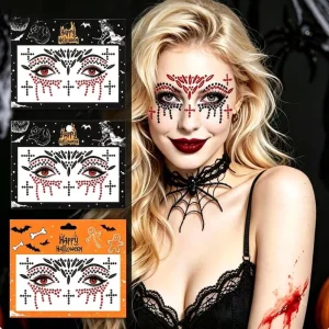 3Style Halloween Gothic Face Gem Stickers Cross Blood Teardrop Rhinestone Face Jewels Decals Self Adhesive Crystal Stickers