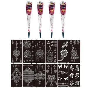 4 Pack Cherry Red Henna Paste Hair Dye Cones with 12 Tattoo Stickers Natural Ammonia Free Herbal Formula for Hair and Body Art
