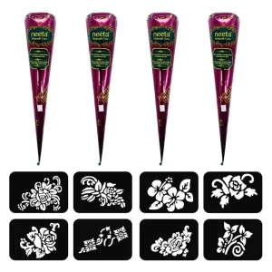 4pcs Natural Mehendi Cone Henna Paste Temporary Tattoo Paste with 8pcs Tattoo Stencils Indian Body Art Painting Reddish Brown