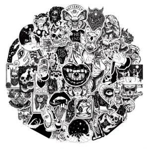 50pcs Horror Punk Gothic PVC Adhesive Stickers UV Printing Reusable Waterproof Home Decor Black White