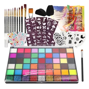 54 Color Face Painting Kit for Kids Non Toxic Water Activated Face Paint Palette with Book Stencils Brushes Jewelry for Halloween
