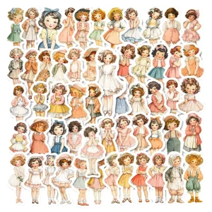 56Pcs Retro Watercolor Cartoon PVC Child Doll Graffiti Stickers for Kids Book Bottle Decor Cute Baby Doll Toy