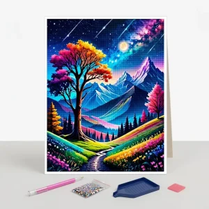 5D Diamond Painting Kit Colorful Tree Starry Night Mountain Round Drill Full Drill DIY Art For Adults Wall Dec