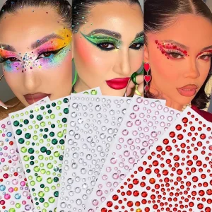 5Pcs 3D Face Jewels Tattoo Stickers Round Rhinestones Temporary Tattoos for Party Makeup DIY Body Diamond Decals