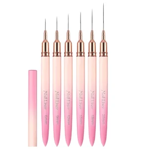 6/9/12/15/18/25mm 6-Piece Flexible Nylon Hair Nail Art Liner Brush Set with Gradient Metal Handles