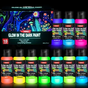 60ml Glow Paint Set, 10 Neon Colors, Luminous Acrylic Paint for Halloween DIY, Blacklight Art & Party Decor