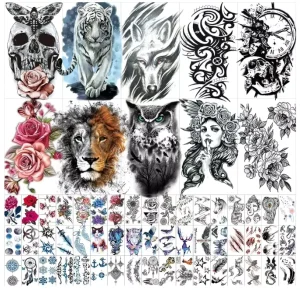 62 Sheets Black Large Size Temporary Tattoos Stickers for Women Men and Girl Includes 10 Large Size Tattoos That Look Real