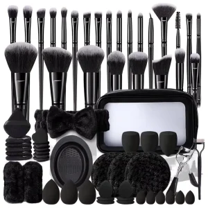 65pcs Black Professional Multi functional Makeup Brush Set with Plastic Handles and Synthetic Hair Customizable
