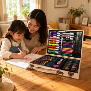 68 piece Art Set Printable logo Wooden Box Including Watercolor Pens Crayons Brushesart Supply