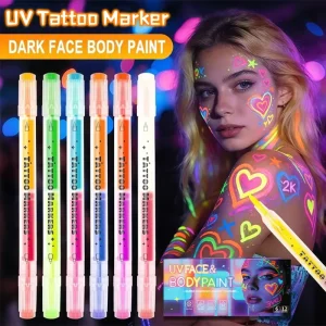 6pcs Washable UV Temporary Tattoo Marker, UV Face Paint Pen, Dual Tip Dual Color Glow Tattoo Pen For Festival Party Halloween