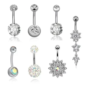 7pcs Stainless Steel Zircon Crystal Belly Button Ring and Body Chain Jewelry Set
