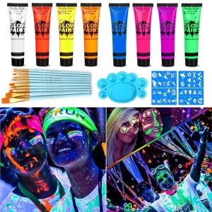 8 Tubes 0.84oz Glow in the Dark Body Paint Neon Fluorescent Face Paint Neon UV Body Paint Set Glow Blacklight Face Paint